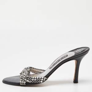 Gina Silver/Black Crystal Embellished Leather Slide Sandals Size 38