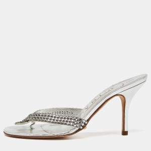 Gina Silver Crystal Embellished Leather Thong Sandals Size 37
