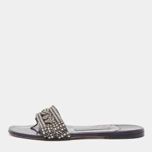 Gina Metallic/Navy Blue Crystal Embellished Leather Thong Flat Slides Size 36.5