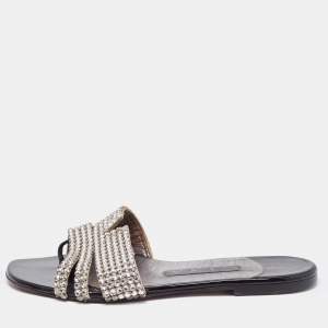 Gina Silver Leather Crystal Embellished Flat Slides Size 37