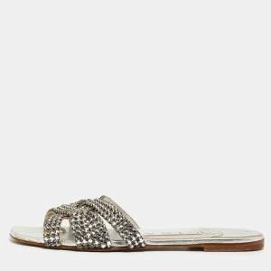 Gina Silver Crystal Embellished Leather Flat Slides Size 36.5
