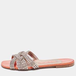 Pre Owned Gina Pink/Orange Crystal Embellished Leather Flat Slides Size 37.5