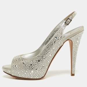 Gina Silver Crystal Embellished Satin Open-Toe Platform Slingback Sandals Size 39.5