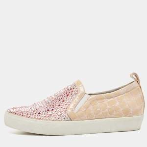 Pre Owned Gina Pink/Beige Crystal Embellished Satin and Croc Embossed Leather Slip On Sneakers Size 39