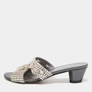 Gina Silver/Grey Crystal Embellished Leather Slide Sandals Size 36.5