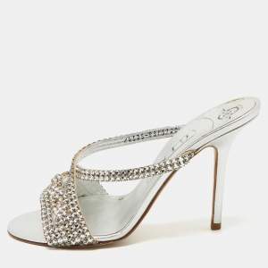 Gina Silver Leather Crystal Embellished Slide Sandals Size 40