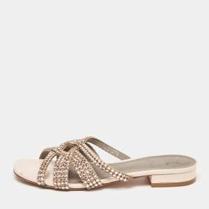 Gina Light Pink Crystal Embellished Leather Flat Slides Size 37.5