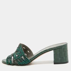 Gina Green Crystal Embellished Leather Slide Sandals Size 36.5