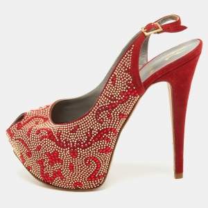 Pre Owned Gina Red Embellished Satin Peep Toe Platform Slingback Pumps Size 39