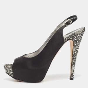 Gina Black Satin Crystal Embellished Platform Slingback Sandals Size 39.5