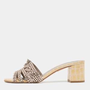 Gina Pink/Yellow Crystal Embellished Leather Slide Sandals Size 38.5