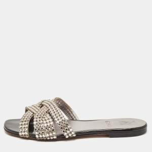 Gina Silver Leather Crystal Embellished Flat Slides Size 36
