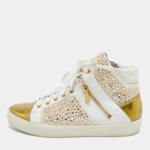 Gina White/Gold Leather Strass Embellished High Top Sneakers Size 39