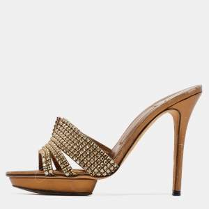 Gina Metallic Bronze Leather Crystal Embellished Slide Sandals Size 39