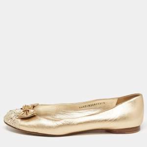 Gina Gold Leather and Crystal Embellished Satin Cap Toe Bow Ballet Flats Size 41