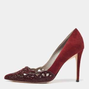 Gina Burgundy Suede Crystal Embellished Pointed Toe Pumps Size 37