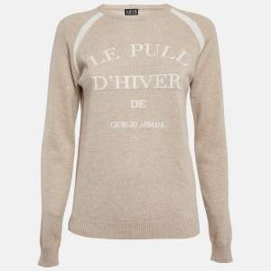 Giorgio Armani Neve Beige Logo Cashmere Crew Neck Sweater S