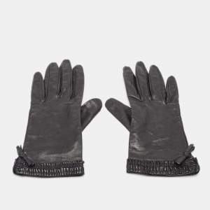 Giorgio Armani Black Leather Ruffled Bow Gloves M