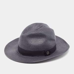 Emporio Armani Grey Logo-Plaque Woven Raffia Sun Hat