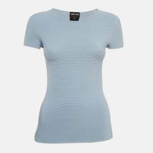 Giorgio Armani Blue Stripe Textured Jersey Short Sleeve Top M
