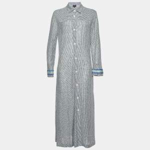Giorgio Armani Navy Blue/White Linen and Cotton Knit Long Shirt Dress M