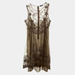 Pre Owned Giorgio Armani Vintage Brown Embroidered Lace Mini Dress M