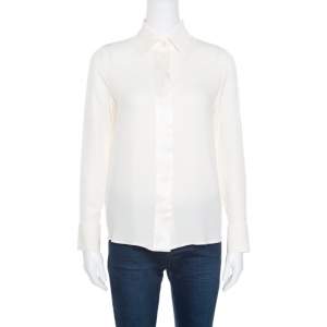 Pre Owned Giorgio Armani Cream Silk Crepe Satin Placket Detail Long Sleeve Blouse S