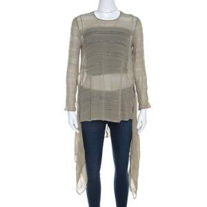 Giorgio Armani Sage Green Sheer Linen Silk Asymmetric Hem Long Sleeve Blouse M