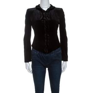 Giorgio Armani Black Velvet Ruffle Trim Zip Front Jacket S