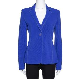 Pre Owned Giorgio Armani Blue Wool Blend Ribbed Knit Jacket M