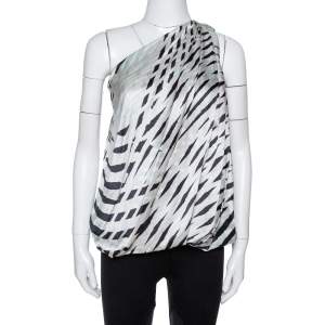 Giorgio Armani Light Grey Printed Silk Draped One-Shoulder Top M