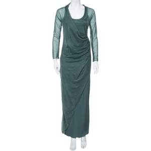 Giorgio Armani Dark Green Embellished Mesh & Knit Draped  Maxi Dress S 