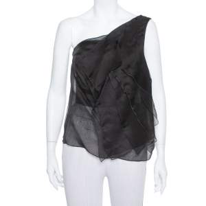 Giorgio Armani Black Silk Organza Pleated One Shoulder Top L