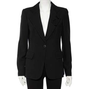 Giorgio Armani Black Textured Wool Bow Detail Button Front Blazer L