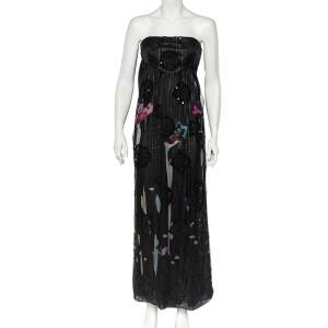 Giorgio Armani Black Printed Silk & Embellished Tulle Scarf Detail Strapless Gown L