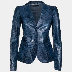 Giorgio Armani Navy Blue Floral Patterned Leather Single Breasted Blazer S