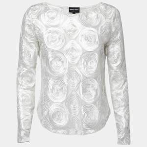 Giorgio Armani White Embroidered Tulle Long Sleeve Top M