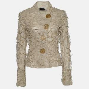 Giorgio Armani Cream Perforated Knit Applique Detail Buttoned Jacket M
