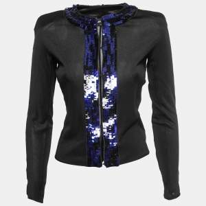 Giorgio Armani Black Stretch Knit Sequin Trim Cardigan S