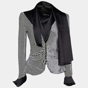 Giorgio Armani Monochrome Striped Velvet Draped Collar Jacket M