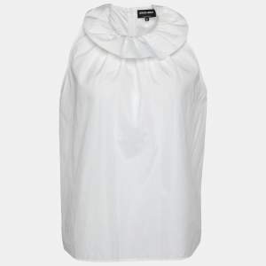 Giorgio Armani White Cotton Ruffle Neck Sleeveless Top S