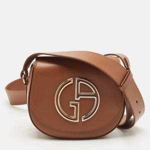 Giorgio Armani Brown Leather Logo Flap Shoulder Bag