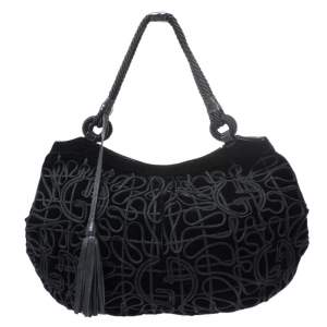 Giorgio Armani Black Velvet and Leather Tassel Satchel
