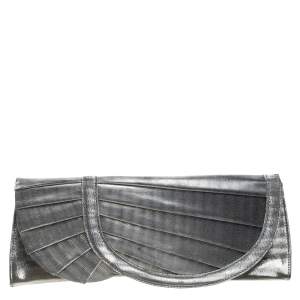 Giorgio Armani Silver Shimmer Fabric Pleated Flap Clutch