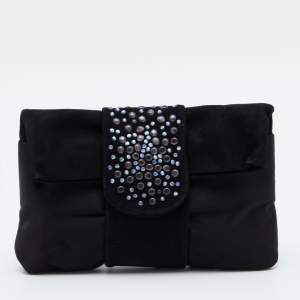 Giorgio Armani Black Satin and Suede Embellished Clutch