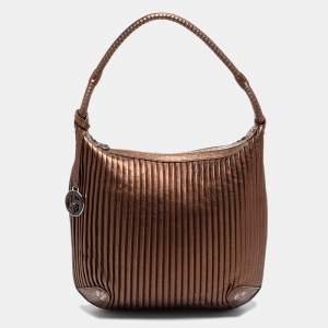 Giorgio Armani Metallic Brown Pleated Leather Hobo