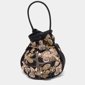 Giorgio Armani Black Satin Floral Embroidered Crystals Bucket Clutch Bag