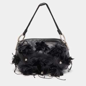 Giorgio Armani Black Leather Floral and Crystal Embellished Bag