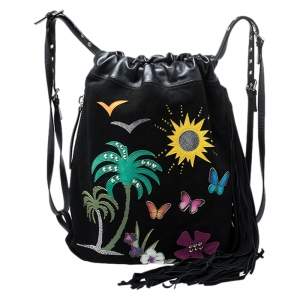 Giuseppe Zanotti Black Nubuck and Leather Tropical Embroidered Fringe Backpack