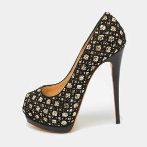 Giuseppe Zanotti Black/Gold Mesh and Glitter Platform Pumps Size 41